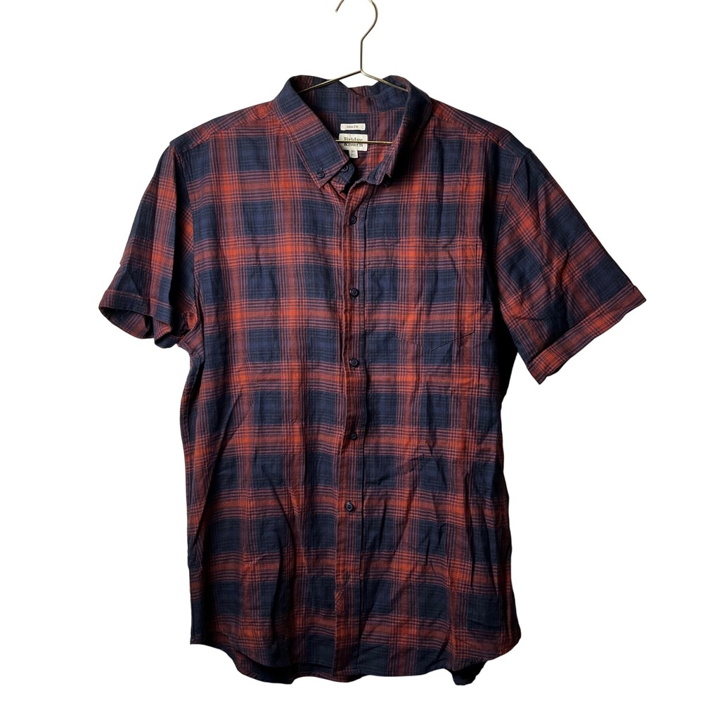 Bridge & Burn Mens XL Slim Fit Short Sleeve Plaid Button Down Shirt Red Navy